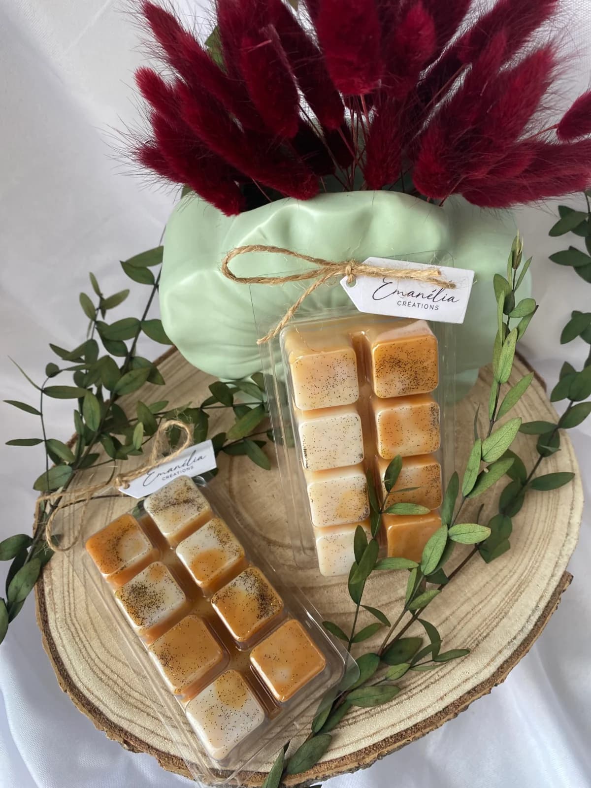 Tablettes de cire fondante dans leur boîte transparente devant un vase et des fleurs séchées.